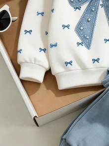 Tween Girl 2pcs Set Casual Fashion Spring Autumn Winter Girls Hooded Sweatshirt And Sweatpants Outfit, Sweet Bow Pattern, Outing Set, Soft Fabric, Fashionable Versatile Fit, Spring Autumn Winter Little Girls Clothing Set, Girls Sportswear Outfit - Baby Blue - View 5