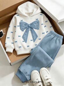 Tween Girl 2pcs Set Casual Fashion Spring Autumn Winter Girls Hooded Sweatshirt And Sweatpants Outfit, Sweet Bow Pattern, Outing Set, Soft Fabric, Fashionable Versatile Fit, Spring Autumn Winter Little Girls Clothing Set, Girls Sportswear Outfit - Baby Blue - View 3