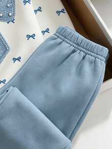 Tween Girl 2pcs Set Casual Fashion Spring Autumn Winter Girls Hooded Sweatshirt And Sweatpants Outfit, Sweet Bow Pattern, Outing Set, Soft Fabric, Fashionable Versatile Fit, Spring Autumn Winter Little Girls Clothing Set, Girls Sportswear Outfit - Baby Blue - View 6