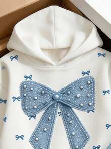 Tween Girl 2pcs Set Casual Fashion Spring Autumn Winter Girls Hooded Sweatshirt And Sweatpants Outfit, Sweet Bow Pattern, Outing Set, Soft Fabric, Fashionable Versatile Fit, Spring Autumn Winter Little Girls Clothing Set, Girls Sportswear Outfit - Baby Blue - View 4