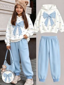 Tween Girl 2pcs Set Casual Fashion Spring Autumn Winter Girls Hooded Sweatshirt And Sweatpants Outfit, Sweet Bow Pattern, Outing Set, Soft Fabric, Fashionable Versatile Fit, Spring Autumn Winter Little Girls Clothing Set, Girls Sportswear Outfit - Baby Blue - View 1