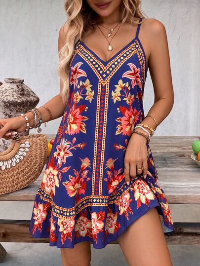 SHEIN Swim Women's Summer Beach Adjustable Strap Bohemian Placement Print Patchwork Asymmetrical Ruffle Design Vacation Cover-Up Dress, Women's Elegant Dress, Women's Easter Dress, Women's Casual Dress, Women's Spaghetti Strap Dress, Women's Floral Dress, Women's Vacation Dress, Women's Country Dress, Women's Holiday Dress, Women's Pink Dress, Summer Beach Outfit, Party Outfit, Music Festival Outfit, Club, Gathering, Ranch, Street