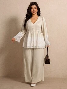 Elaquor Plus Size Women Lace Patchwork Long Sleeve Top And Pants Casual Daily 2 Pieces Set Fall/Winter Elegant Office Business Work 2 Pieces Set For Women - Apricot - View 4