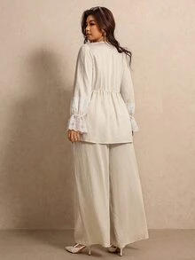 Elaquor Plus Size Women Lace Patchwork Long Sleeve Top And Pants Casual Daily 2 Pieces Set Fall/Winter Elegant Office Business Work 2 Pieces Set For Women - Apricot - View 2