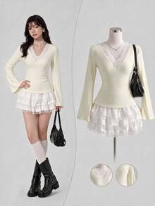 Elamini Autumn/Winter Deep V-Neck T-Shirt With Lace Trim And Flare Sleeves - Apricot - View 1