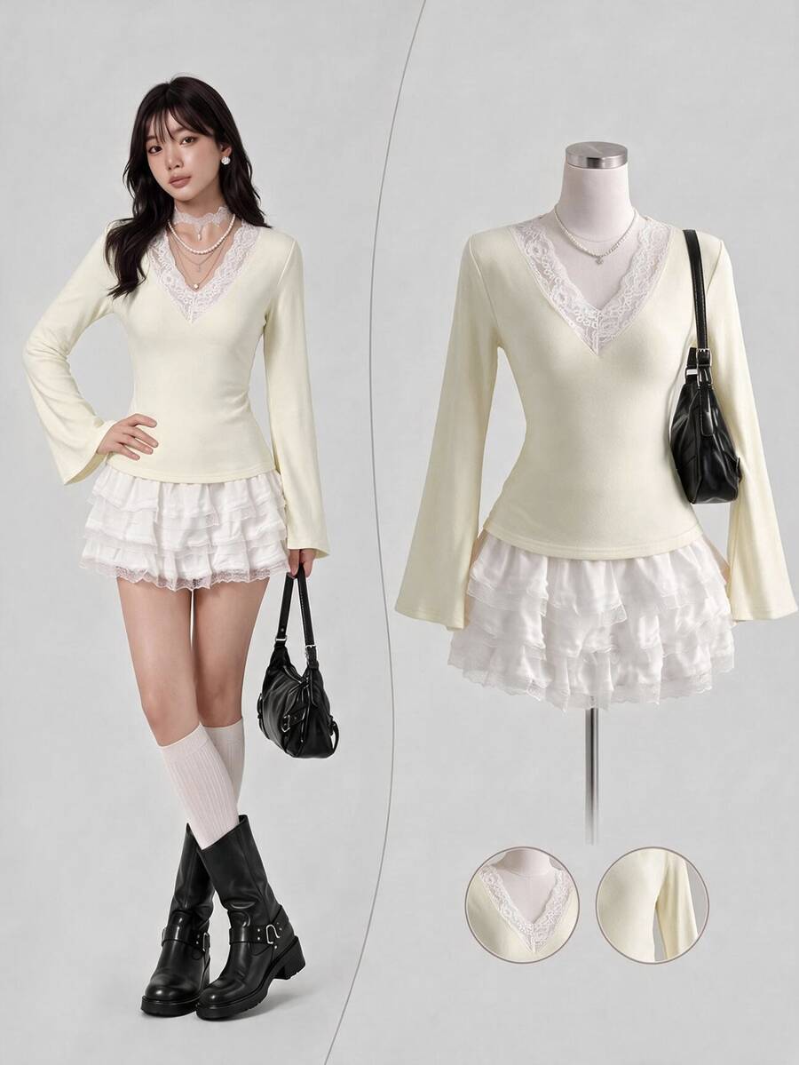 Elamini Autumn/Winter Deep V-Neck T-Shirt With Lace Trim And Flare Sleeves - Apricot - View 1