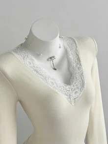Elamini Autumn/Winter Deep V-Neck T-Shirt With Lace Trim And Flare Sleeves - Apricot - View 7