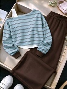 Tween Girls 2 Pcs Light Blue Striped Asymmetrical Shoulder Sweatshirt & Brown Wide Leg Pants Set, Winter Outfits - Multicolor - View 4