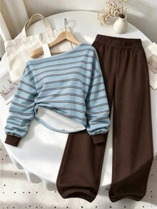 Tween Girls 2 Pcs Light Blue Striped Asymmetrical Shoulder Sweatshirt & Brown Wide Leg Pants Set, Winter Outfits - Multicolor - View 3