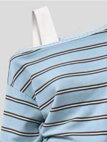 Tween Girls 2 Pcs Light Blue Striped Asymmetrical Shoulder Sweatshirt & Brown Wide Leg Pants Set, Winter Outfits - Multicolor - View 5