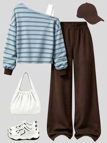 Tween Girls 2 Pcs Light Blue Striped Asymmetrical Shoulder Sweatshirt & Brown Wide Leg Pants Set, Winter Outfits - Multicolor - View 2