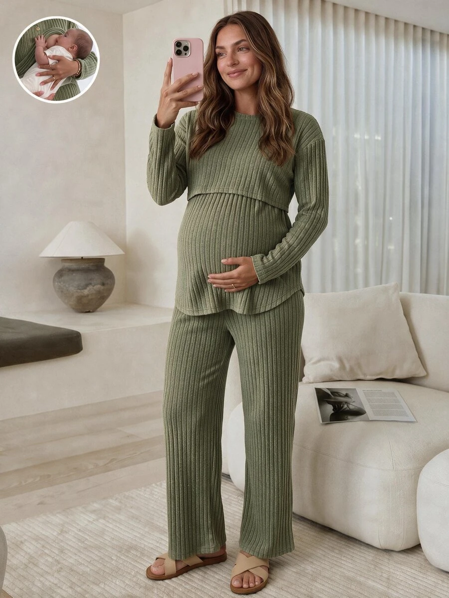 Slowluna Maternity Solid Color Round Neck Long Sleeve Top And Adjustable Waist Long Pants Nursing 2 Pieces Set Fall - Green - View 1