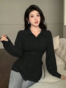 Seusyu 女式纯色长袖单排扣抽绳系腰时尚衬衫 - 黑色 - 查看 8