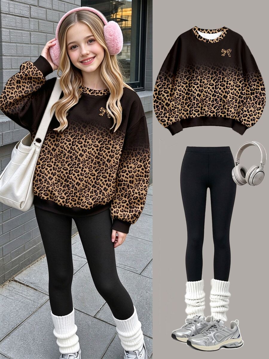 Setelan 2 Potong untuk Anak Perempuan Remaja: Sweatshirt dan Legging Leher Bulat Motif Leopard Gradien Cokelat dengan Pita, Atasan Cokelat, Pakaian Musim Dingin - MultiWarna - View 1
