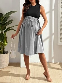 GentleRue Maternity Maternity Sleeveless Striped Tie-Bow Dress Pregnancy Summer - Black and White - View 4