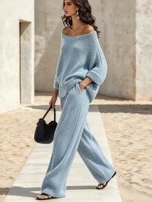 SHEIN 2026 New American European Style Knit 2 Pieces Set Casual Boho Loose Cold Shoulder 3/4 Sleeve Top + Wide Leg Pants Everyday Travel Light Blue - Dusty Blue - View 4