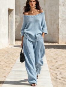 SHEIN 2026 New American European Style Knit 2 Pieces Set Casual Boho Loose Cold Shoulder 3/4 Sleeve Top + Wide Leg Pants Everyday Travel Light Blue - Dusty Blue - View 1