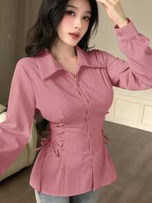 Modelyn 女士纯色长袖休闲抽绳系带衬衫 - 粉色 - 查看 6
