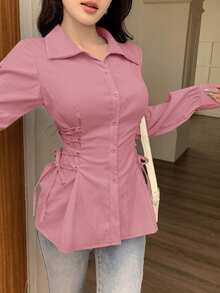 Modelyn 女士纯色长袖休闲抽绳系带衬衫 - 粉色 - 查看 3