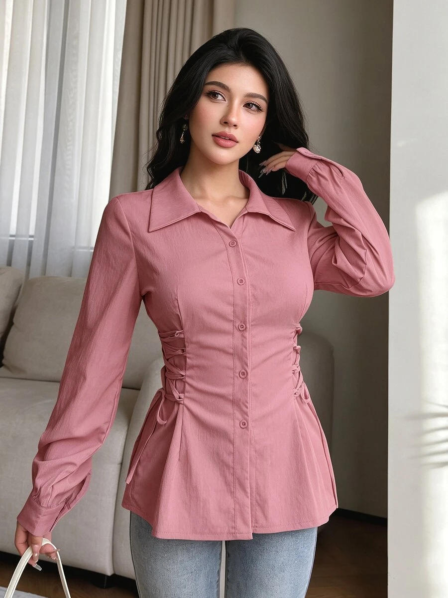 Modelyn 女士纯色长袖休闲抽绳系带衬衫
