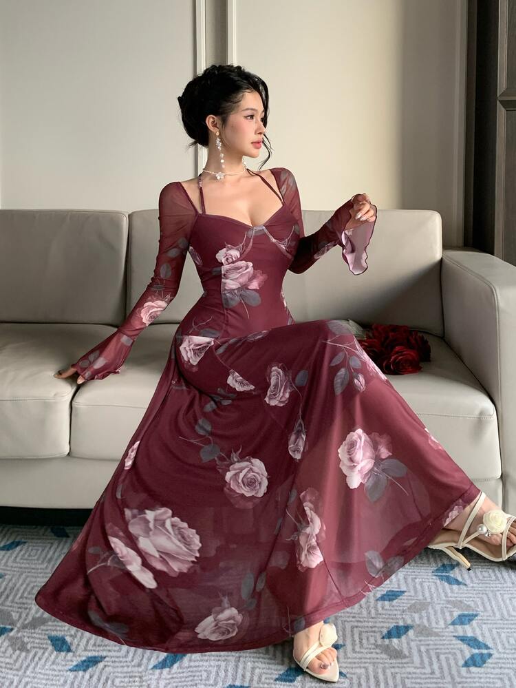 DAZY Women's Floral Print Sweetheart Neck Halter Flared Sleeve Elegant Dress - Burgundy - View 8