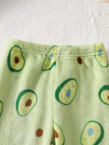 SHEIN 2件組女童針織圓領長袖褲套裝，酪梨刺繡圖案印花，極簡休閒舒適柔軟保暖抓絨內裡居家服，秋冬款 - 綠色 - 查看 3
