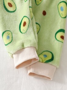 SHEIN 2件組女童針織圓領長袖褲套裝，酪梨刺繡圖案印花，極簡休閒舒適柔軟保暖抓絨內裡居家服，秋冬款 - 綠色 - 查看 6