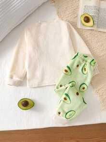 SHEIN 2件組女童針織圓領長袖褲套裝，酪梨刺繡圖案印花，極簡休閒舒適柔軟保暖抓絨內裡居家服，秋冬款 - 綠色 - 查看 2