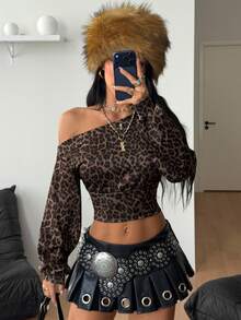 Coolane 女款優雅派對休閒外出性感時尚豹紋棕色露肩長袖短版上衣，復古夜店約會夜生活襯衫 - 棕色 - 查看 4