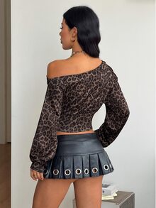 Coolane 女款優雅派對休閒外出性感時尚豹紋棕色露肩長袖短版上衣，復古夜店約會夜生活襯衫 - 棕色 - 查看 7