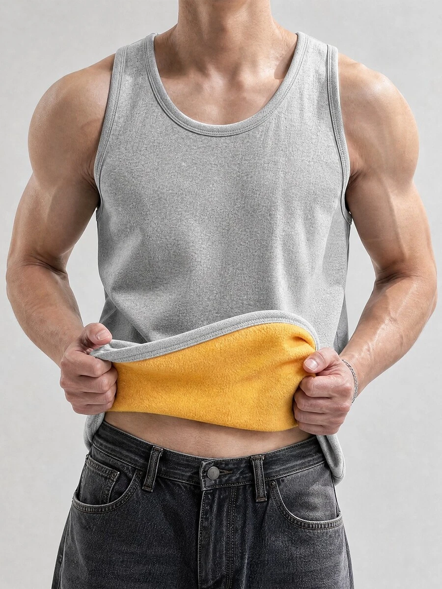 DAZY Men's Solid Color Crew Neck Thermal Lined Casual Versatile Tank Top Winter - Grey - View 1