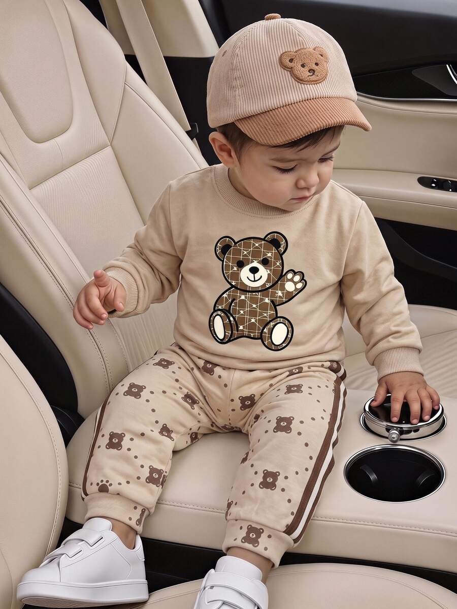 Fall Beige Bear Print Colorblock Trim Crew Neck Thick Fleece Sweatshirt Matching Plaid Cuffed Long Pants Cute Set Holiday Photoshoot Family Matching - Multicolor - View 1