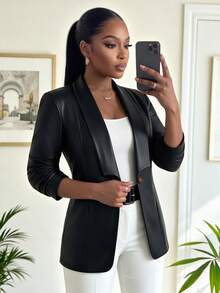 SHEIN Lady CURVE 大尺碼優雅時尚鈕扣PU材質西裝外套 - 黑色 - 查看 3