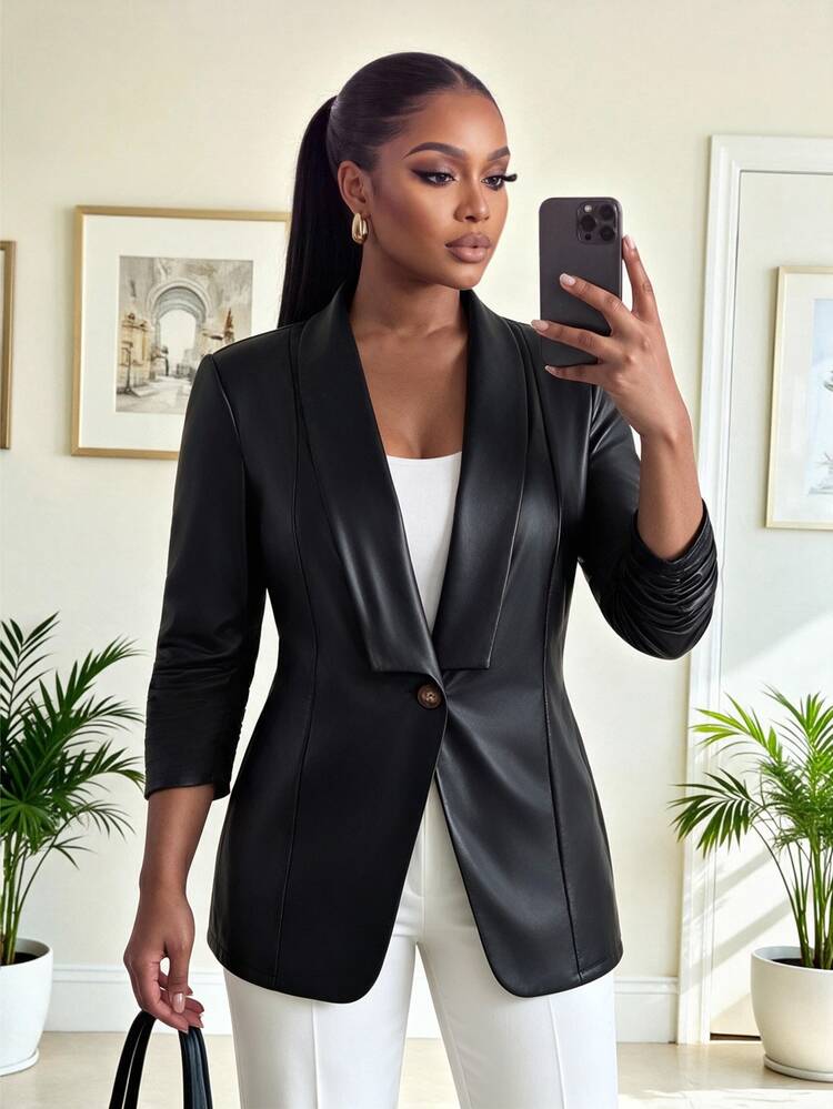 SHEIN Lady CURVE Plus Size Elegant Fashion Button PU Material Blazer - Black - View 5