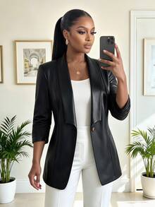 SHEIN Lady CURVE 大尺碼優雅時尚鈕扣PU材質西裝外套 - 黑色 - 查看 6