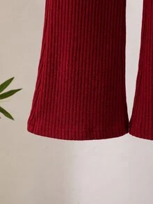 SHEIN 2件組 幼兒女嬰可愛白色紅蝴蝶結針織羅紋長袖高領毛衣褲套裝，舒適公主風，適合秋季、冬季、節日穿著 - 紅白色 - 查看 7