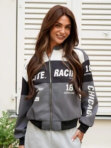 Nath Sonia Letter Print Contrast Color Drop Shoulder Bomber Jacket For New Year Clothes ,Petite Women - Dark Grey - View 5