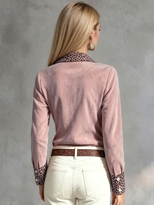 Glimmora Women's Commuter Minimalist Spring/Autumn Button-Up Collared Leopard Print Versatile Long Sleeve Satin Blouse, Colorblock Retro - Pink - View 2