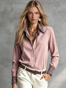 Glimmora Women's Commuter Minimalist Spring/Autumn Button-Up Collared Leopard Print Versatile Long Sleeve Satin Blouse, Colorblock Retro - Pink - View 3