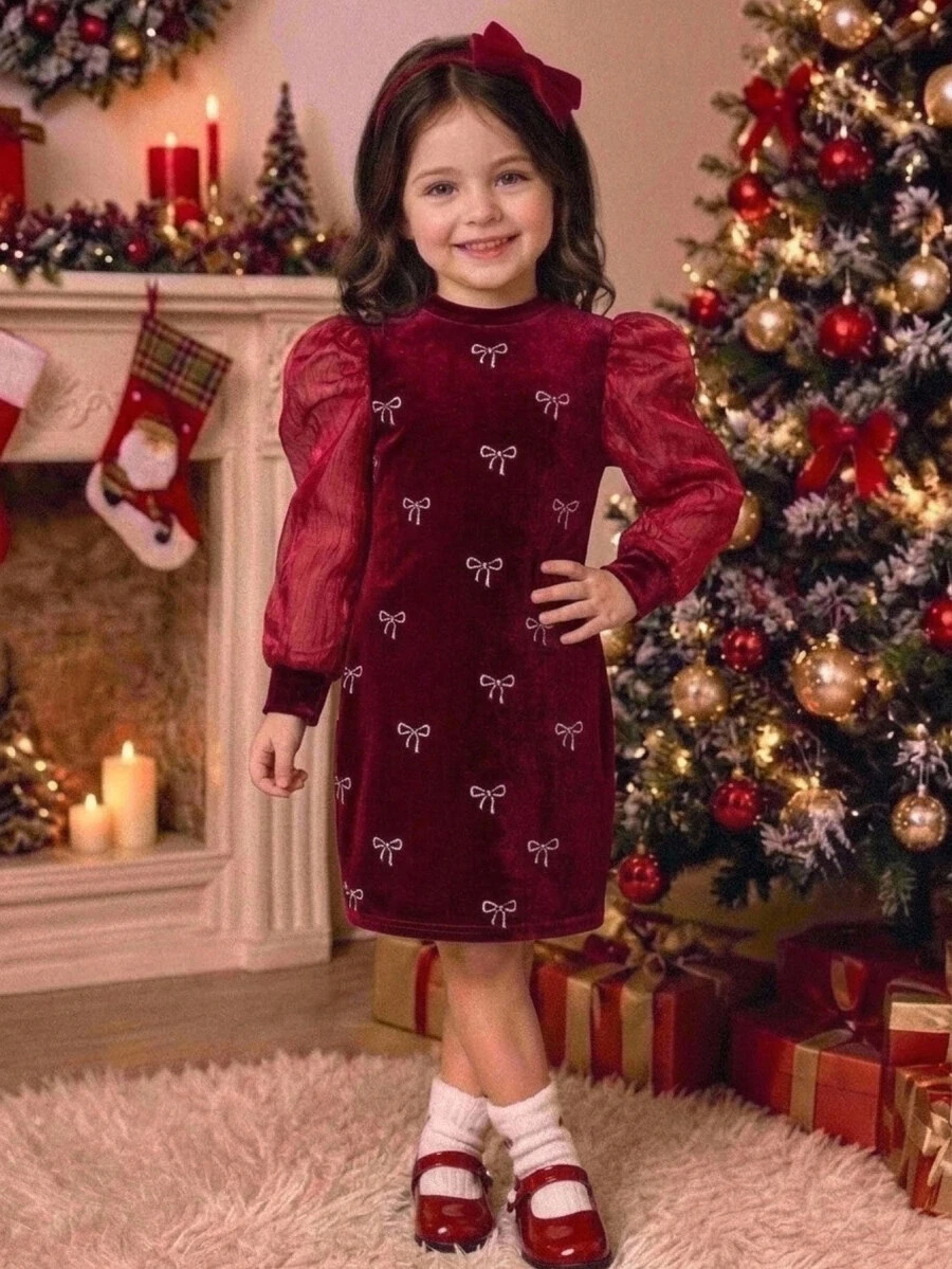 SHEIN Gaun Rajut Anak Perempuan Warna Polos Bahan Beludru dengan Lengan Mengembang dan Detail Jala Kontras untuk Musim Gugur - MultiWarna - View 1