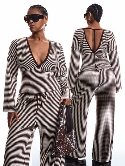 LYSMO Plus Size Women's V-Neck Striped Long Sleeve Top And Pants Casual Daily 2 Pieces Set