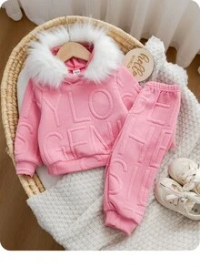 SHEIN Kids Young Girl Knitted Solid Color Hooded Faux Fur Trim Loose Casual Sweatshirt And Long Pants 2 Pieces Set - Pink - View 6