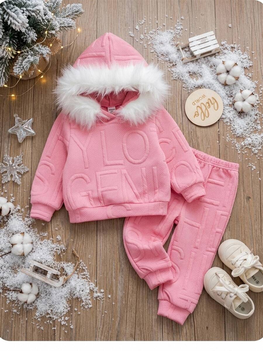 SHEIN Kids Young Girl Knitted Solid Color Hooded Faux Fur Trim Loose Casual Sweatshirt And Long Pants 2 Pieces Set - Pink - View 1