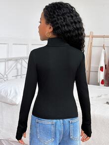 SHEIN Tween 女童休闲纯色针织高领长袖上衣 - 黑色 - 查看 2