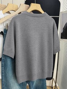 Grovea 女款大尺碼灰色秋季優雅商務休閒辦公正式上衣 可拆卸絲巾佩斯利紋緞帶圓領短袖襯衫 - 灰色 - 查看 3
