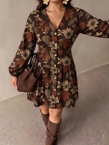 Auralis Plus Size Women's V-Neck Floral Print Casual Summer Dress - Brown - View 5