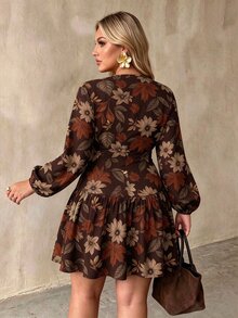 Auralis Plus Size Women's V-Neck Floral Print Casual Summer Dress - Brown - View 2