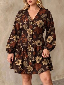 Auralis Plus Size Women's V-Neck Floral Print Casual Summer Dress - Brown - View 6