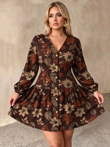 Auralis Plus Size Women's V-Neck Floral Print Casual Summer Dress - Brown - View 7