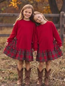SHEIN Tween Girls Tween Girl Simple Plaid Patchwork Autumn/Winter Holiday Casual Everyday Red Christmas Dress - Red - View 5